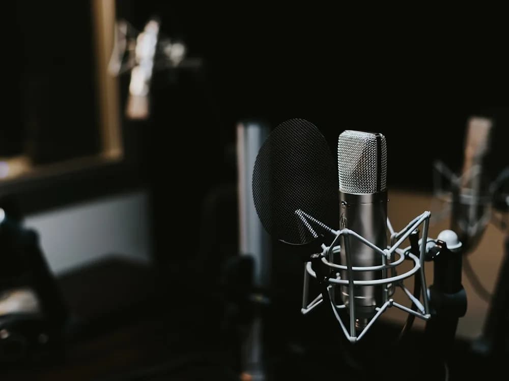 Osoba diktuje do mikrofonu